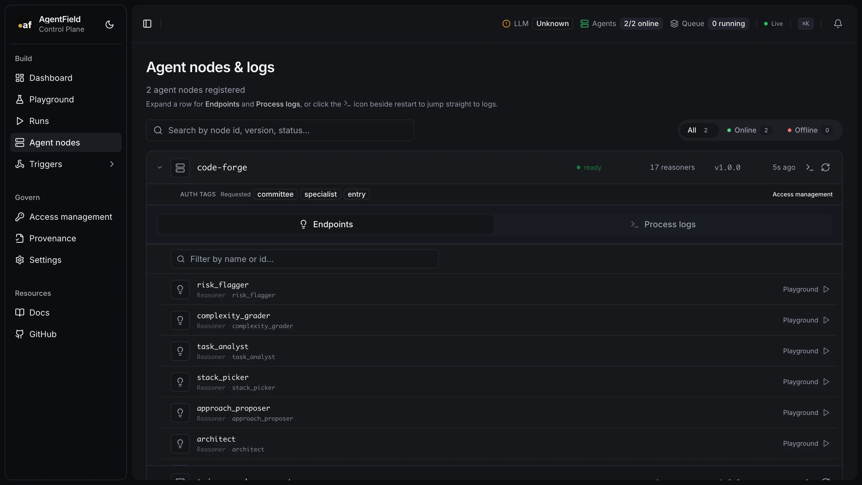 Agent nodes page — code-forge expanded showing all 17 reasoners as endpoints, the same live registry that app.discover() queries