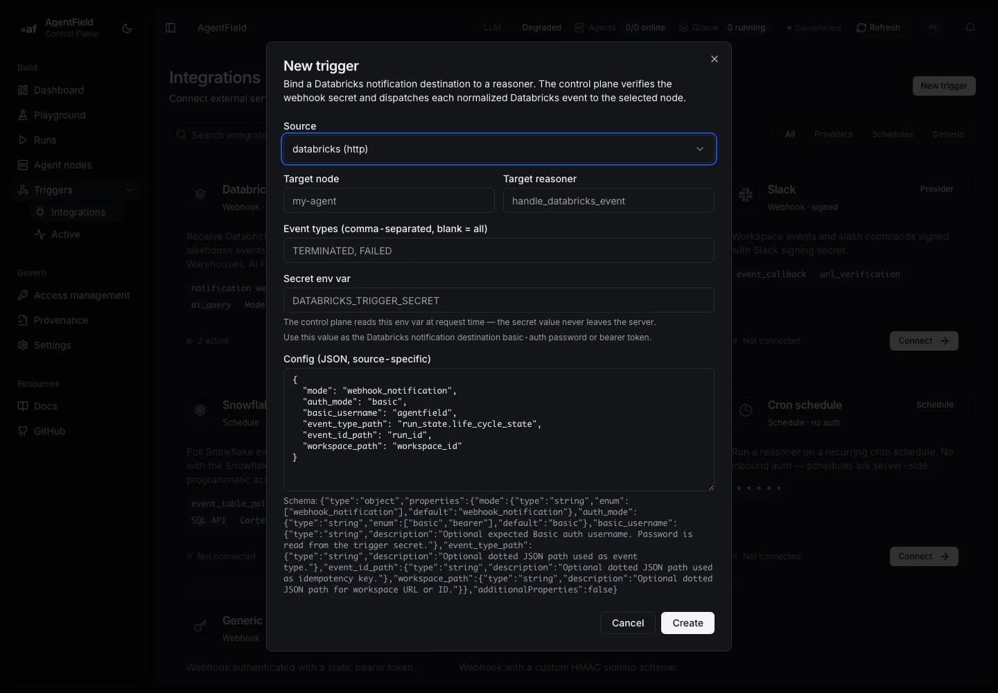 Databricks trigger dialog with notification destination config