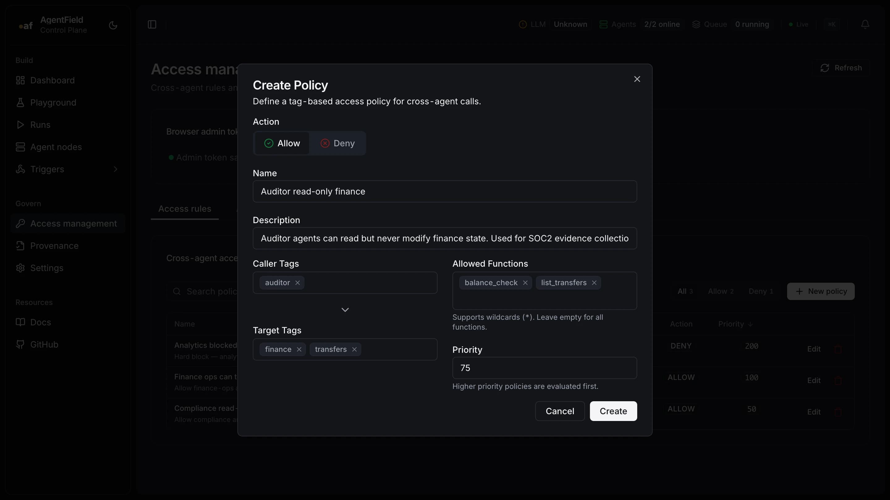 Create Policy dialog showing the auditor read-only finance policy with caller tags, target tags, allowed functions, and priority
