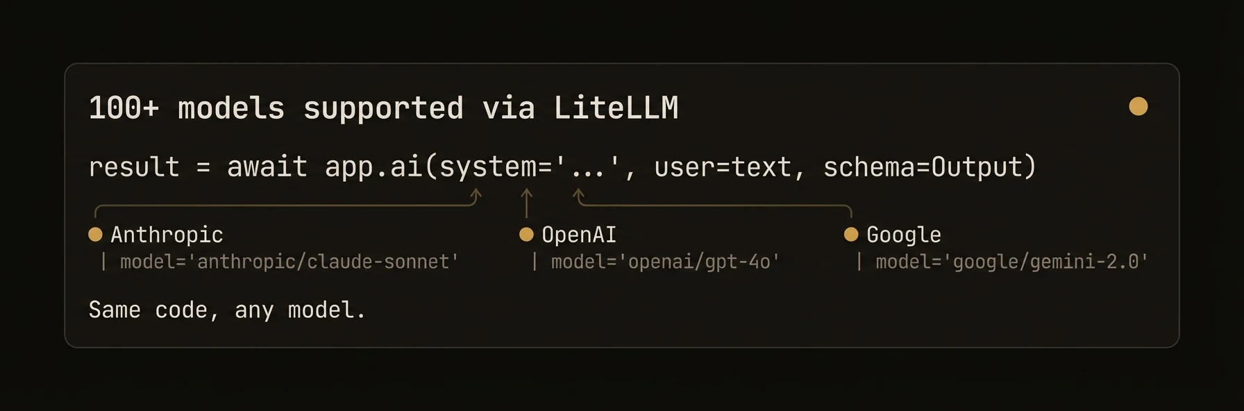 100+ models — same code, any provider