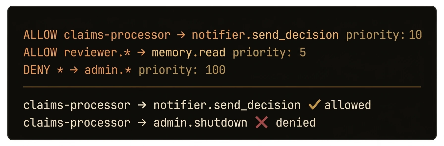 Bounded autonomy — ALLOW and DENY policy rules